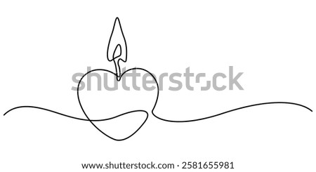 Burning fire candle with love continuous one line drawing, Continuous one line drawing candle burning flame. Black contour line simple minimalist graphic isolated vector illustration. Grief loss pro.