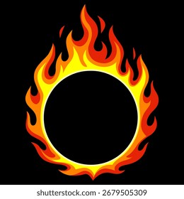 Marco de círculo de fuego en llamas - Ilustración de anillo en llamas sobre fondo negro