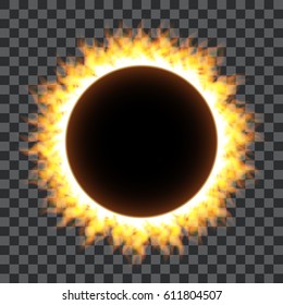 Burning fire circle isolated on transparent background, Round shape surrounded with transparent fire and glow. Vector illustration for logos, cards, print products or other design.