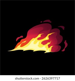 Brennender Feuer-Effekt. Cartoon rote und gelbe Flamme, verzehrendes Element. Brennender Flammeneffekt mit Funken, Lagerfeuer oder Lagerfeuergrenze. Heißes Schild. Vektorgrafik, flacher Stil auf schwarzem Hintergrund