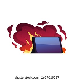 Burning fire electronic device. Cartoon smartphone, tablet portable computer flaming, gadget detonation, boom explosion effect. Fire destruction, device disaster. Vector flat illustration
