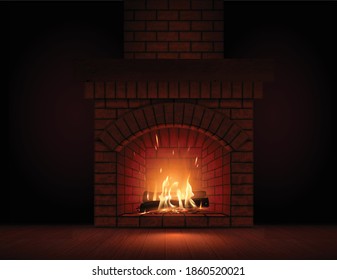 Burning fire in the fireplace. Firewood, coals, sparks, smoke. The effect of transparency. Highly realistic illustration.