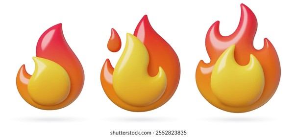 Brennendes Feuer und Flamme niedlichen 3D-Icon-Set. Dreidimensionale Vektorgrafiken einzeln auf weißem Hintergrund.