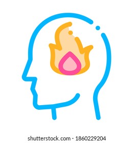 Burning Fire Flame In Man Silhouette Mind Vector Icon Thin Line. Gear And Brain, Heart And Shield, Padlock And Magnifier Illustration