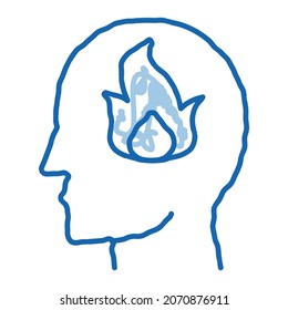 Quemando llama de fuego en el portador de imágenes de la mente de la silueta de hombre. Dibujo de la línea de doodle azul dibujado a mano ilustración de símbolo aislado
