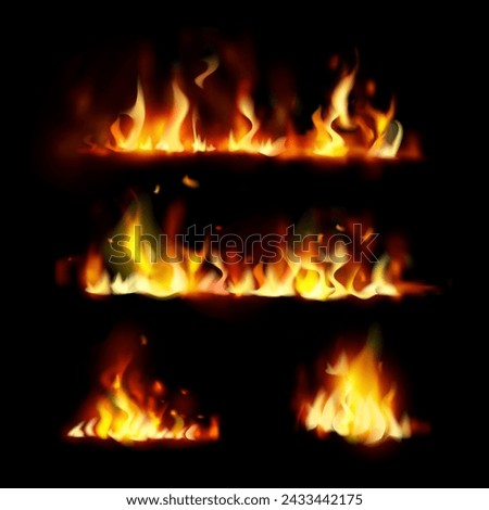 Burning fire flame on black background, Fire elements set.