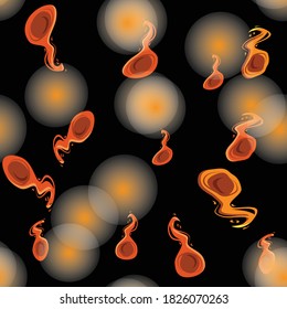 Feuer brennen. Abstraktes nahtloses Vektormuster mit rotem Feuer. Spermatozoon nahtloses Muster auf schwarzem Hintergrund für Stoff, Umhüllung, Tapete.