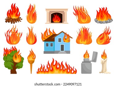 Burning Fire and Flames with Fireplace, Firewood, House, Candle, Tree and Torch Big Vector Set