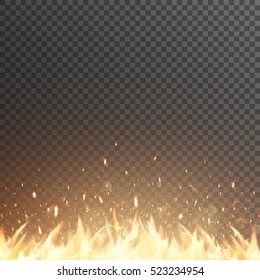 Burning fire flames. Glowing particles. Vector effect with transparency. Campfire.