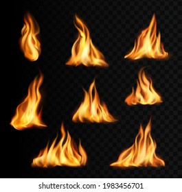 Burning fire flames and trails, campfire vector tongues. Torch flames, bonfire glow orange and yellow shining flare blaze realistic 3d effect, inferno ignition tongues set isolated on black background