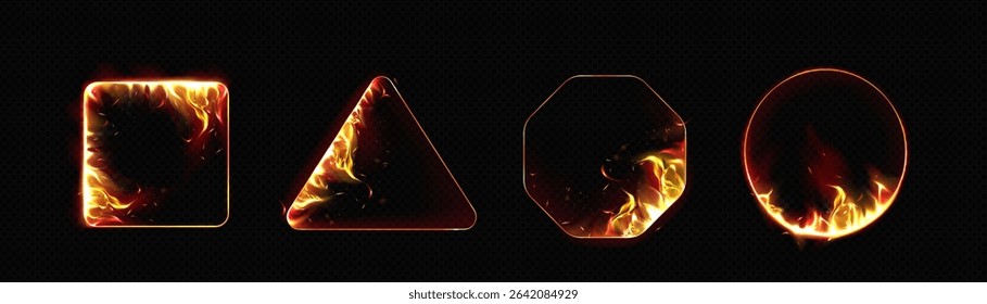 Burning fire frame collection - glowing geometric shapes with realistic flame edges on black bg. Square, triangle and circle borders with orange heat effect for gaming interface or hot deals promotion