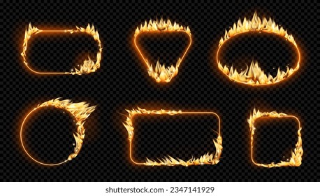 Burning fire frames and borders with empty copy space, realistic illustration collection. Isolated rectangles and triangle, circles and square with flames and blazing bright lights