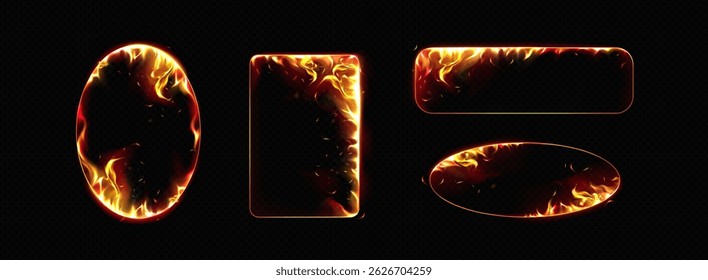 Burning fire frames collection - realistic flame border elements, red yellow smoke oval, rectangle and round fiery geometric shapes on black. Hot blazing light effect, ignite game design asset.