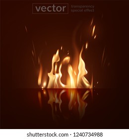 Burning fire and its glowing reflection on the surface  with the effect of transparent smoke on a red  background. Highly realistic illustration.