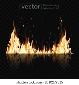 Burning fire and its glowing reflection on the surface  with the effect of transparent smoke on a checkered background. Highly realistic illustration.