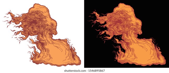 Burning fire. Hand drawn engraving. Editable vector vintage illustration. Isolated on white and black background. 8 EPS 