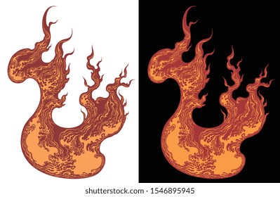Burning fire. Hand drawn engraving. Editable vector vintage illustration. Isolated on white and black background. 8 EPS 