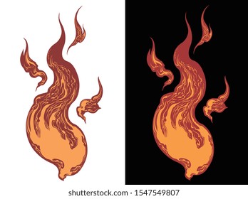 Burning fire. Hand drawn engraving. Editable vector vintage illustration. Isolated on white and black background. 8 EPS