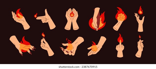 Burning fire in hands set. Holding hot glowing flame, igniting blaze with fingers. Showing hot gestures. Energy, power, evil, passion and trick concept. Isolated flat graphic vector illustrations