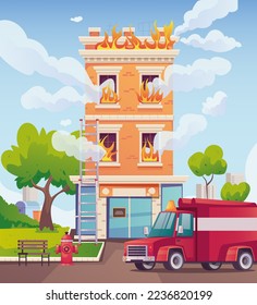 Burning fire house buildings fighter city design element vector illustration concept