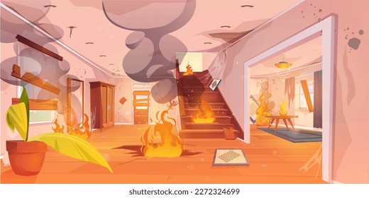 Burning fire inside home. Accident scene with flame and smoke in house hall. Old abandoned countryside cottage interior of corridor, living room and stairs in fire, vector cartoon illustration