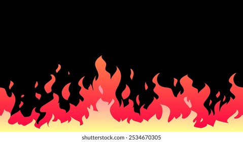 Brennendes Feuer einzeln auf schwarzem Hintergrund. Horizontaler Rahmen entlang der unteren Kante. Heiße rote Flamme. Gefahr, Böses und Energie. Warme Flamme. Design-Element im Cartoon-Stil. Vektorgrafik.