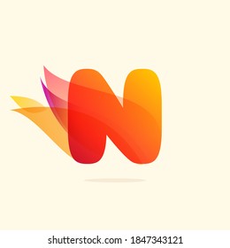 Burning fire N letter logo with red tails. Vector watercolor typeface for danger labels, fast speed headlines, motorcycle posters, sport identity etc.