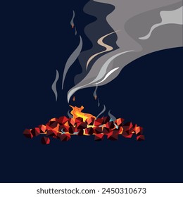 Burning fire in the night. Hot smoldering coals from a burned out bonfire. Smoke from the campfire. BBQ heat. Vector illustration isolated on dark background