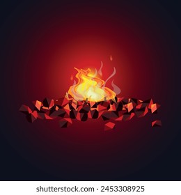 Burning fire in the night. Hot smoldering coals from a burned out bonfire. Heat from the fire. Vector illustration isolated on black background