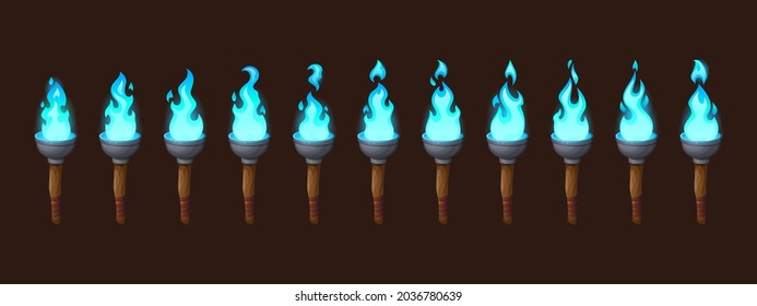 Burning fire on old torch for video game. Vector cartoon animation sprite sheet with sequence of magic blue flame on ancient wood and metal torch isolated on dark background