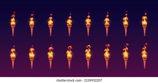 Burning fire on old torch for game. Vector cartoon animation sprite sheet .