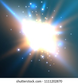 Burning fire on a transparent background. Neon blue and yellow star, glittering shine and bokeh lights. Glowing light particles with a flash effect.