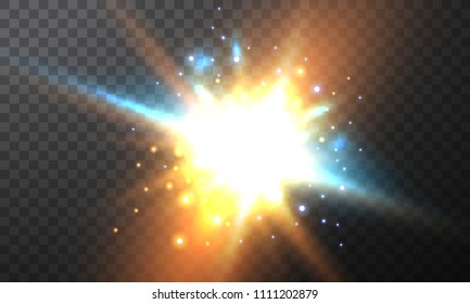 Burning fire on a transparent background. Neon blue and yellow star, glittering shine and bokeh lights. Glowing light particles with a flash effect.