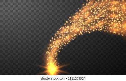 Burning fire on a transparent background. Neon blue and yellow star, glittering shine and bokeh lights. Flying kamet. Glowing light particles with a flash effect.