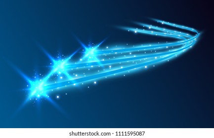 Burning fire on a transparent background. Neon blue and yellow star, glittering shine and bokeh lights. Flying kamet. Glowing light particles with a flash effect.