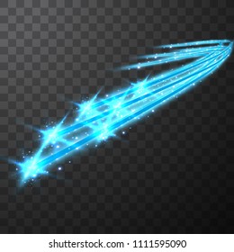 Burning fire on a transparent background. Neon blue and yellow star, glittering shine and bokeh lights. Flying kamet. Glowing light particles with a flash effect.