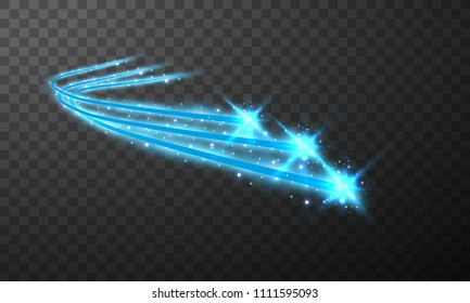 Burning fire on a transparent background. Neon blue and yellow star, glittering shine and bokeh lights. Flying kamet. Glowing light particles with a flash effect.