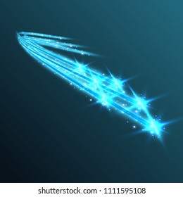 Burning fire on a transparent background. Neon blue and yellow star, glittering shine and bokeh lights. Flying kamet. Glowing light particles with a flash effect.