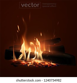 Burning fire on the wood with the effect of transparent smoke on a red background. Highly realistic illustration.