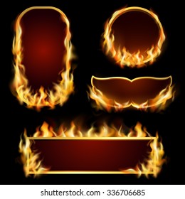 Burning fire realistic frames set on black background isolated vector illustration 