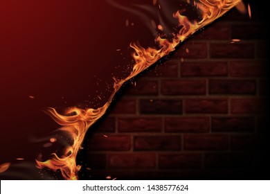 Brennen des Feuers und Hintergrund der roten Ziegelsteinwand in 3D-Abbildung