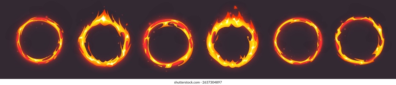 Burning fire ring frames set - round borders made of flames. Fiery circular elements, blazing hot circles. Bright flaming design overlays for dramatic effects, danger symbols. Ignited hoop shapes.