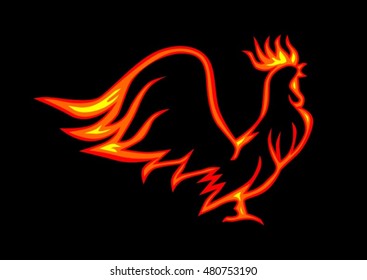 Burning fire rooster on the black background. Vector illustration stylized rooster silhouette. New year symbol.