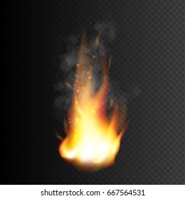 Burning fire with smoke and sparks isolated. Vector fire flame special light effect.