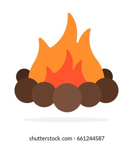 Burning fire with stones around vector flat material design isolated on white