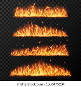 Burning Fire Tongues On Transparent Background. Realistic Vector Flame With Particles, Flying Sparks. Blaze Effect, Glowing Shining Flare Borders With Glow Embers, Isolated 3d Design Elements Set