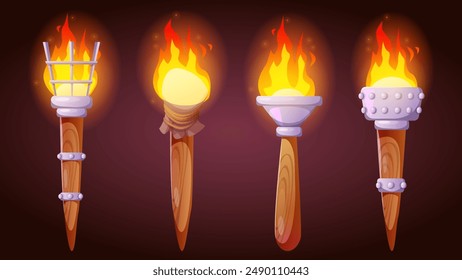 Quemando antorchas de fuego aisladas en negro. Ilustración de dibujos animados de Vector de antorchas antiguas con mango de madera e iluminación de llama, linterna antigua, mazmorra del castillo o Elementos interiores de palacio