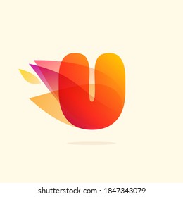 Burning fire U letter logo with red tails. Vector watercolor typeface for danger labels, fast speed headlines, motorcycle posters, sport identity etc.