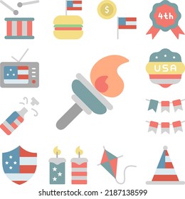 Icono de la bandera de EEUU en llamas en una colección con otros elementos