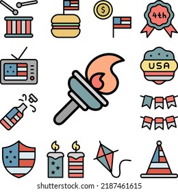 Icono de la bandera de EEUU en llamas en una colección con otros elementos